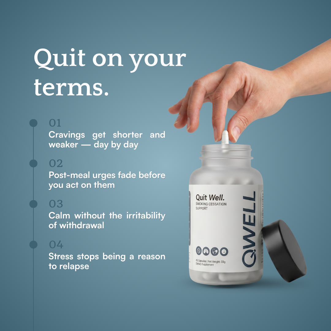 Four benefits of Qwell: shorter daily cravings, fading post-meal urges, calm without withdrawal irritability, and stress that no longer triggers relapse.