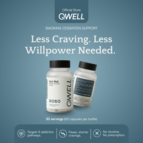 Qwell smoking cessation supplement — 60-capsule bottle. Targets 5 addiction pathways for fewer, shorter cravings. No nicotine, no prescription.